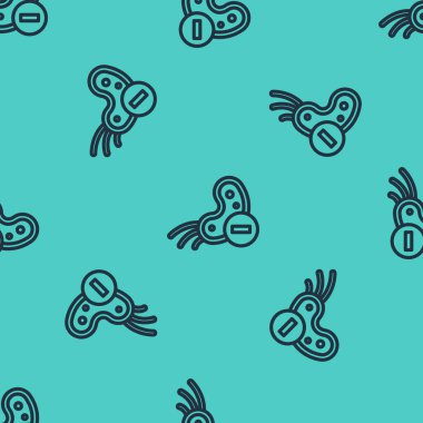 Siyah çizgi negatif virüs ikonu yeşil arkaplandaki kusursuz deseni izole etti. Corona virüsü 2019-nCoV. Bakteri ve mikroplar, hücre kanseri, mikrop, mantar. Vektör İllüstrasyonu