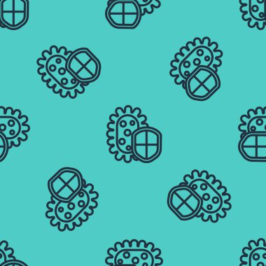 Siyah çizgi kalkanı virüslerden, mikroplardan ve bakteri ikonlarından korunuyor yeşil arka planda izole edilmiş pürüzsüz desenler var. Bağışıklık sistemi konsepti. Corona virüsü 2019-nCoV. Vektör İllüstrasyonu