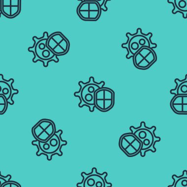 Siyah çizgi kalkanı virüslerden, mikroplardan ve bakteri ikonlarından korunuyor yeşil arka planda izole edilmiş pürüzsüz desenler var. Bağışıklık sistemi konsepti. Corona virüsü 2019-nCoV. Vektör İllüstrasyonu