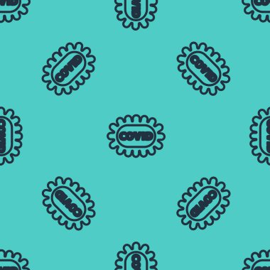 Siyah çizgi Corona virüsü covid-19 simgesi yeşil arkaplandaki kusursuz deseni izole etti. Bakteri ve mikroplar, hücre kanseri, mikrop, mantar. Vektör İllüstrasyonu