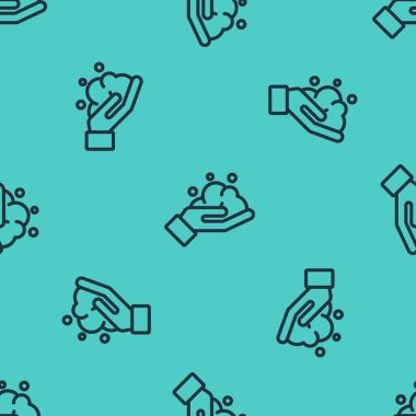 Siyah çizgi, sabun ikonuyla el yıkama yeşil arka planda izole edilmiş pürüzsüz desen. Virüs ve bakterileri önlemek için ellerini sabunla yıkıyorsun. Vektör İllüstrasyonu