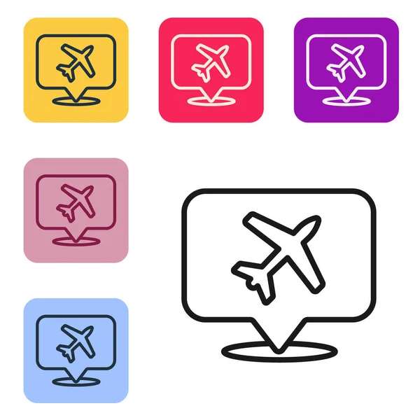 Black Line Speech Bubble Airplane Travel Icon Isolated White Background — Stock Vector