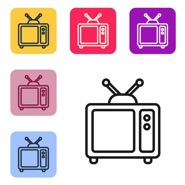 Black Line Retro Icon Isolated White Background Television Sign Set — Stock Vector
