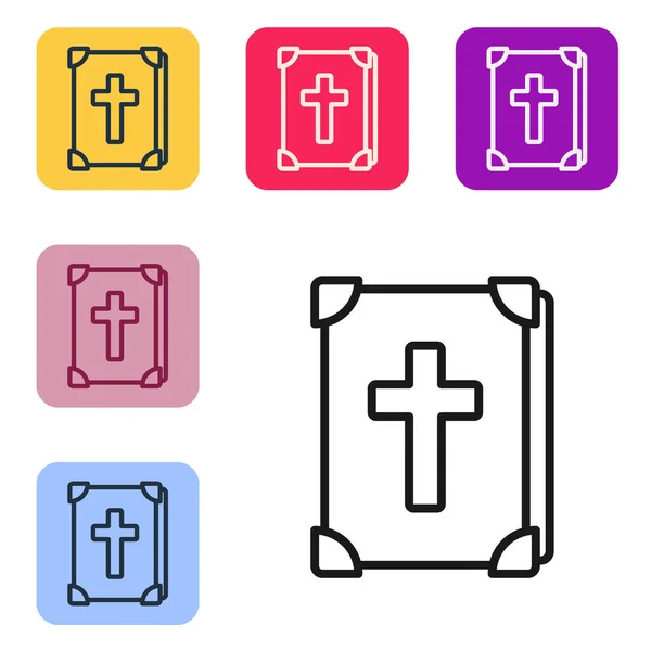 Black Line Holy Bible Book Icon Isolated White Background Set — Stock Vector