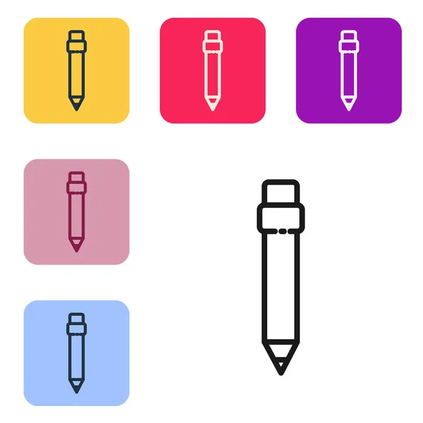 黑线铅笔与橡皮图标隔离在白色背景 绘画和教育工具 学校的校徽在彩色正方形按钮中设置图标 病媒图解 — 图库矢量图片