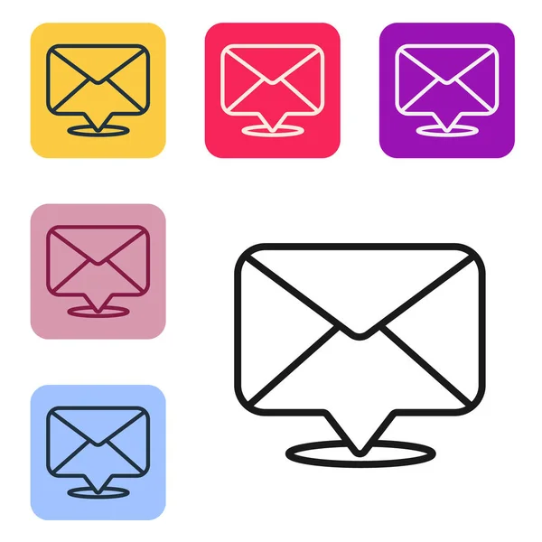 黒の線白の背景に隔離されたエンベロープアイコン メールメッセージの文字記号 カラースクエアボタンにアイコンを設定します ベクターイラスト — ストックベクタ