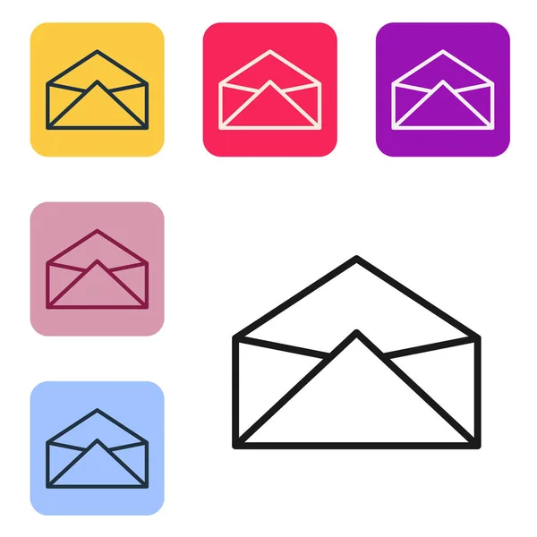 黒の線白の背景に隔離されたエンベロープアイコン メールメッセージの文字記号 カラースクエアボタンにアイコンを設定します ベクターイラスト — ストックベクタ