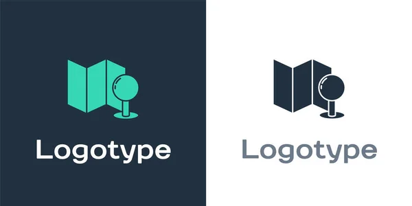 Logotype Opgevouwen kaart met push pin pictogram geïsoleerd op witte achtergrond. Logo ontwerp template element. Vector Illustratie — Stockvector