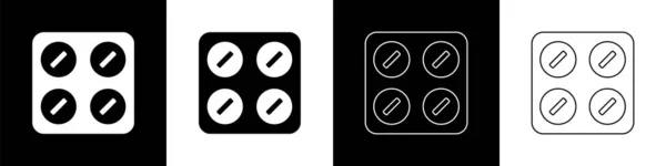 Imposta le pillole in blister icona isolata su sfondo bianco e nero. Pacchetto farmacologico medico per compressa, vitamina, antibiotico, aspirina. Illustrazione vettoriale — Vettoriale Stock