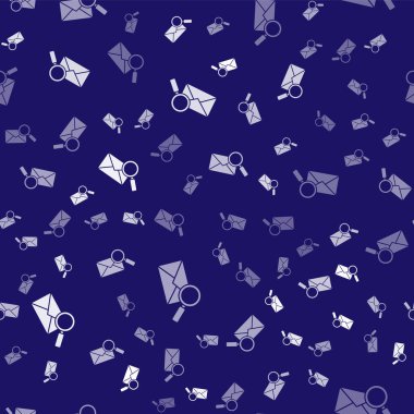 Büyüteç simgesine sahip beyaz zarf postası mavi arkaplanda izole edilmiş kusursuz desen. Vektör İllüstrasyonu