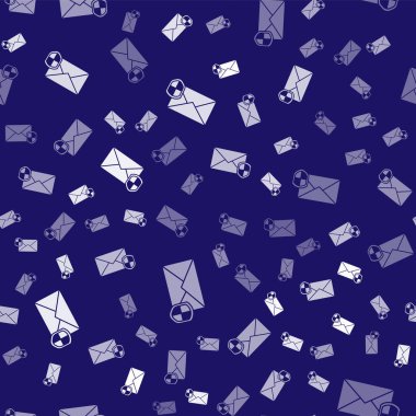 Beyaz Zarf, kalkan simgesiyle mavi arka planda izole edilmiş kusursuz desen. Sigorta konsepti. Güvenlik, güvenlik, koruma, konsept koruma. Vektör İllüstrasyonu