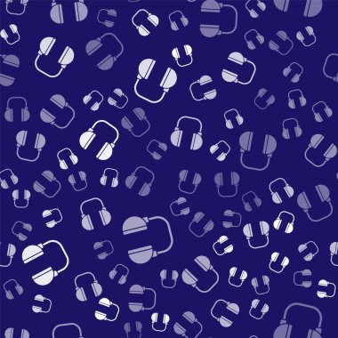 Beyaz kulaklık simgesi mavi arka planda izole edilmiş kusursuz desen. Kulaklıklar. Müzik, hizmet, iletişim ve operatör konsepti. Vektör İllüstrasyonu