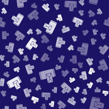 Beyaz Mobil ve zarf, yeni mesaj, posta simgesi mavi arkaplanda izole edilmiş kusursuz desen. E-posta bültenleri, başlıklar, blog yazıları için kullanım. Vektör İllüstrasyonu