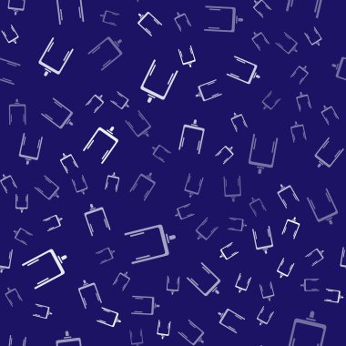 Havaalanı ikonundaki beyaz metal dedektörü mavi arkaplandaki kusursuz deseni izole etti. Havaalanı güvenlik görevlisi metal dedektör kontrol noktasında. Vektör İllüstrasyonu