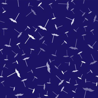 Çubuk ikonunda beyaz kağıt bıyık mavi arka planda izole edilmiş pürüzsüz desen. Karton karnaval maskesi ile kavram. Fotoğraf çekimi için maske. Vektör İllüstrasyonu