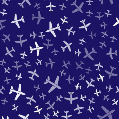 Beyaz düzlem simgesi mavi arkaplanda izole edilmiş kusursuz desen. Uçan uçak ikonu. Uçak tabelası. Vektör İllüstrasyonu