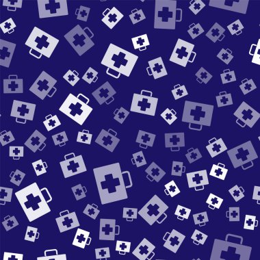 Beyaz ilk yardım çantası simgesi mavi arka planda izole edilmiş pürüzsüz desen. Haçlı sağlık kutusu. Acil durumlar için tıbbi ekipman. Sağlık sigortası konsepti. Vektör İllüstrasyonu