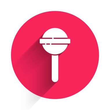 Beyaz lolipop ikonu uzun gölgeli izole edilmiş. Yemek, lezzetli bir sembol. Kırmızı daire düğmesi. Vektör İllüstrasyonu