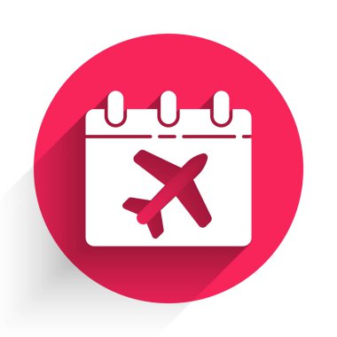 Beyaz Seyahat planlama takvimi ve uzun gölgeli uçak ikonu. Planlanmış bir tatil gezisi. Kırmızı daire düğmesi. Vektör İllüstrasyonu