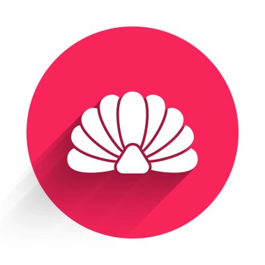 Beyaz Deniz Kabuğu simgesi uzun gölgeli izole edilmiş. Deniz kabuğu işareti. Kırmızı daire düğmesi. Vektör İllüstrasyonu