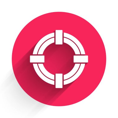 Beyaz Lifebuoy simgesi uzun gölgeli izole edilmiş. Hayat kurtaran yüzen can simidi plaj için, kurtarma kemeri insanları kurtarmak için. Kırmızı daire düğmesi. Vektör İllüstrasyonu