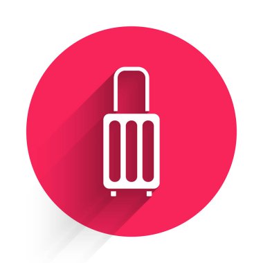 Seyahat simgesi için beyaz bavul uzun gölgeli izole edilmiş. Seyahat bagaj tabelası. Seyahat bagaj ikonu. Kırmızı daire düğmesi. Vektör İllüstrasyonu