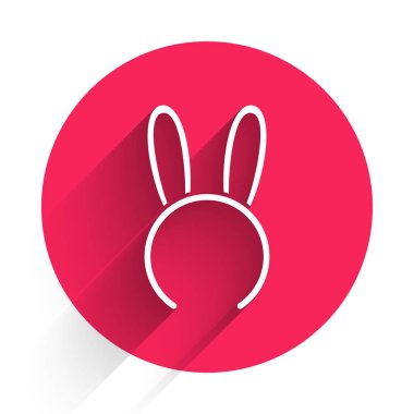 Uzun tavşan kulaklı beyaz maske, uzun gölgeli izole edilmiş ikon. Fetiş aksesuarı. Yetişkinler için seks oyuncağı. Kırmızı daire düğmesi. Vektör İllüstrasyonu