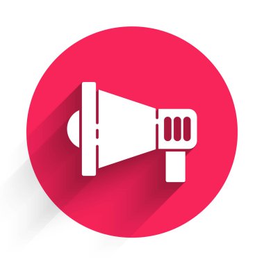 Uzun gölgeli beyaz megafon simgesi. Sözcü işareti. Kırmızı daire düğmesi. Vektör İllüstrasyonu