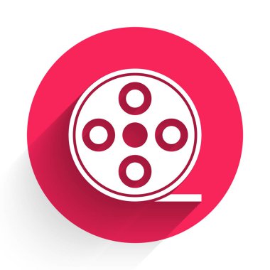 Uzun gölgeli beyaz film makarası ikonu. Kırmızı daire düğmesi. Vektör İllüstrasyonu