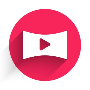 White Online video oynatma simgesi uzun gölgeyle izole edildi. Oyun işaretli film şeridi. Kırmızı daire düğmesi. Vektör İllüstrasyonu
