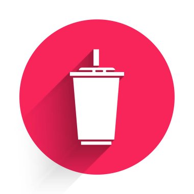 Saman içen beyaz kağıt bardak ve uzun gölgeli su ikonu. Soda bardağı. Taze soğuk içecek sembolü. Kırmızı daire düğmesi. Vektör İllüstrasyonu