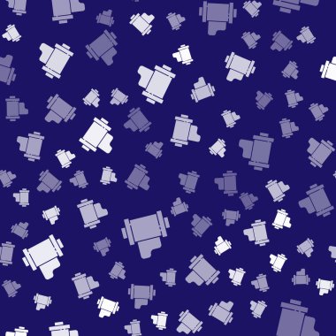 Beyaz Kamera klasik film rulo kartuş ikonu mavi arkaplandaki kusursuz deseni izole etti. 35 mm 'lik film kutusu. Film şeridi fotoğrafçı ekipmanı. Vektör İllüstrasyonu