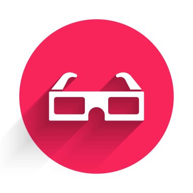 Uzun gölgeli beyaz 3D sinema gözlüğü ikonu. Kırmızı daire düğmesi. Vektör İllüstrasyonu