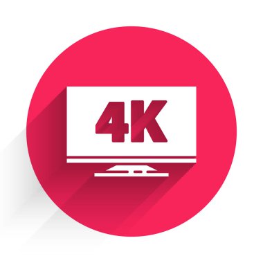 4k Ultra HD video teknolojisi ikonuna sahip beyaz ekran televizyon uzun gölgeyle izole edildi. Kırmızı daire düğmesi. Vektör İllüstrasyonu