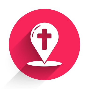 Üzerinde Hıristiyan haçı simgesi olan beyaz harita işaretçisi uzun gölgeyle izole edilmiş. Kırmızı daire düğmesi. Vektör İllüstrasyonu