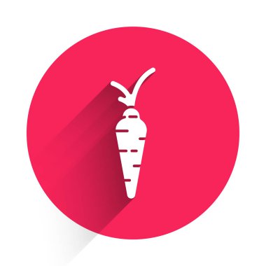 Beyaz Havuç ikonu uzun gölgeli izole edilmiş. Mutlu Paskalyalar. Kırmızı daire düğmesi. Vektör İllüstrasyonu