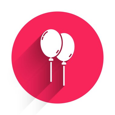 Kurdele ikonlu beyaz balonlar uzun gölgeli izole edilmiş. Mutlu Paskalyalar. Kırmızı daire düğmesi. Vektör İllüstrasyonu