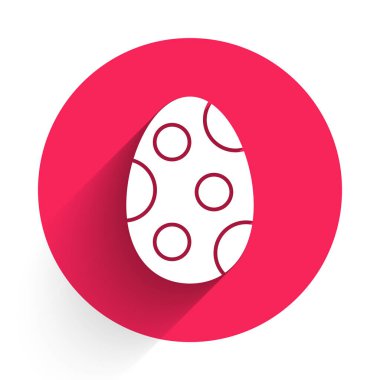 Beyaz Paskalya yumurtası ikonu uzun gölgeli izole edilmiş. Mutlu Paskalyalar. Kırmızı daire düğmesi. Vektör İllüstrasyonu