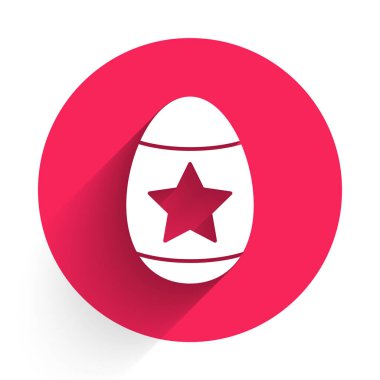 Beyaz Paskalya yumurtası ikonu uzun gölgeli izole edilmiş. Mutlu Paskalyalar. Kırmızı daire düğmesi. Vektör İllüstrasyonu