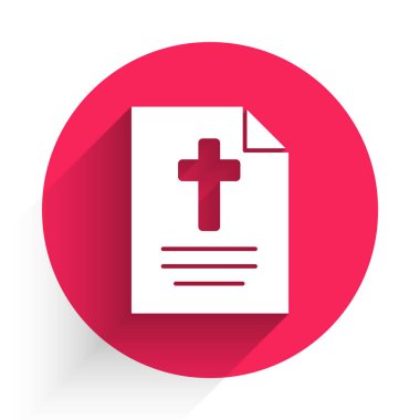 Uzun gölgeli Mutlu Paskalyalar ikonu olan beyaz tebrik kartı. Kutlama için davetiye ya da tebrik kartı şablonu. Kırmızı daire düğmesi. Vektör İllüstrasyonu