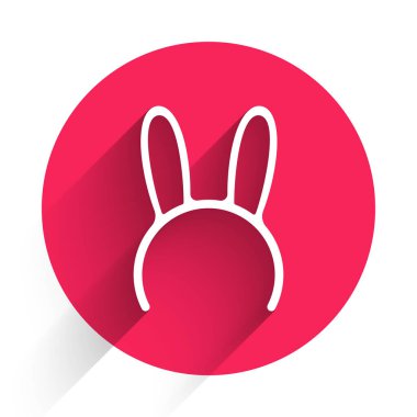 Uzun tavşan kulaklı beyaz maske, uzun gölgeli izole edilmiş ikon. Kırmızı daire düğmesi. Vektör İllüstrasyonu