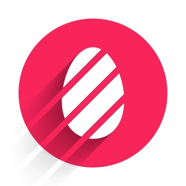 Beyaz Paskalya yumurtası ikonu uzun gölgeli izole edilmiş. Mutlu Paskalyalar. Kırmızı daire düğmesi. Vektör İllüstrasyonu