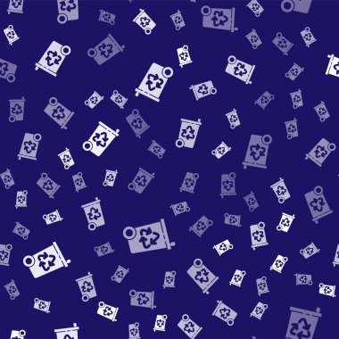 Geri dönüşüm sembolü simgesi olan beyaz geri dönüşüm kutusu mavi arkaplanda izole edilmiş pürüzsüz desen. Çöp kutusu simgesi. Çöp kutusu tabelası. Geri dönüşüm sepeti işareti. Vektör İllüstrasyonu