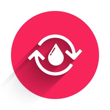 Beyaz geri dönüşümlü temiz su ikonu uzun gölgeli izole edilmiş. İşaret geri dönüşümlü bir damla su. Kırmızı daire düğmesi. Vektör İllüstrasyonu