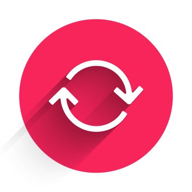 Beyaz Refresh simgesi uzun gölgeli izole edilmiş. Sembolü yeniden yükle. Döndürme okları daire işareti şeklinde. Kırmızı daire düğmesi. Vektör İllüstrasyonu