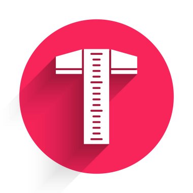 Profesyonel taslak ikonu için beyaz T kare çizgi uzun gölgeli izole edilmiş. Kırmızı daire düğmesi. Vektör İllüstrasyonu