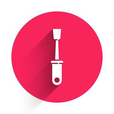 Uzun gölgeli beyaz tornavida simgesi. Servis aracı sembolü. Kırmızı daire düğmesi. Vektör İllüstrasyonu