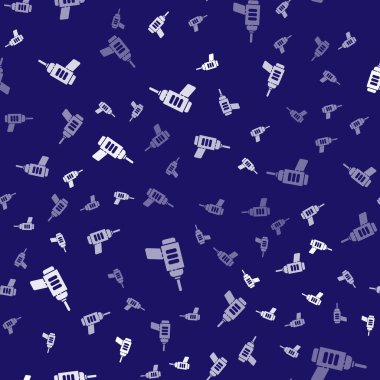 Beyaz Elektrikli matkap ikonu mavi arka planda izole edilmiş kusursuz desen. Tamir aleti. Vektör İllüstrasyonu