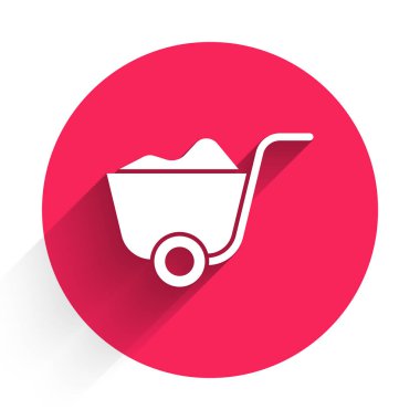 Beyaz Kürek ikonu uzun gölgeli izole edilmiş. Bahçe aletleri. Bahçecilik, tarım, çiftçilik aleti. Kırmızı daire düğmesi. Vektör İllüstrasyonu