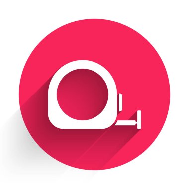 Beyaz Rulet inşaat ikonu uzun gölgeli izole edilmiş. Mezura ölçüm sembolü. Kırmızı daire düğmesi. Vektör İllüstrasyonu